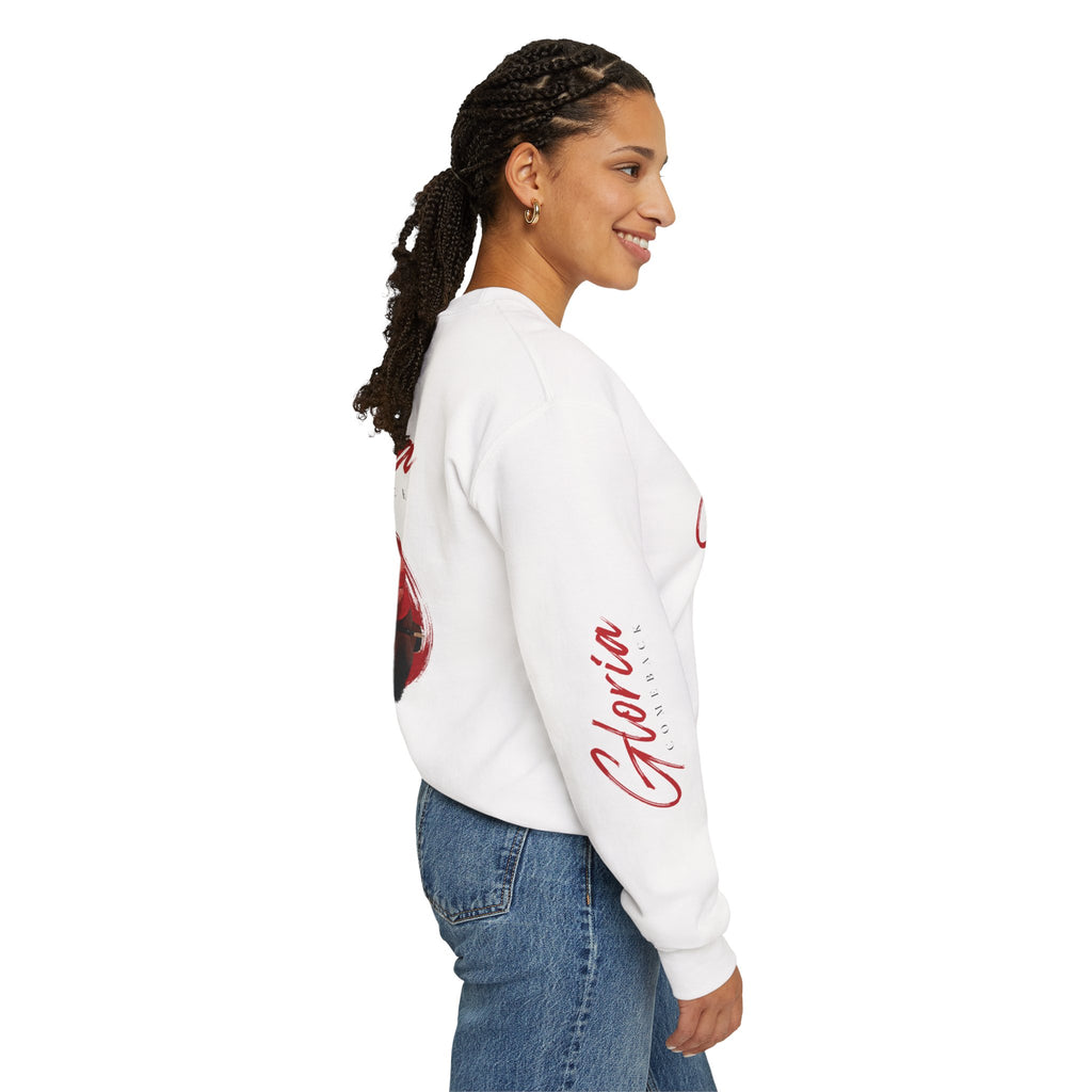 Gloria Lumeriak Crewneck Sweatshirt — Red Helmet Graphic Pullover