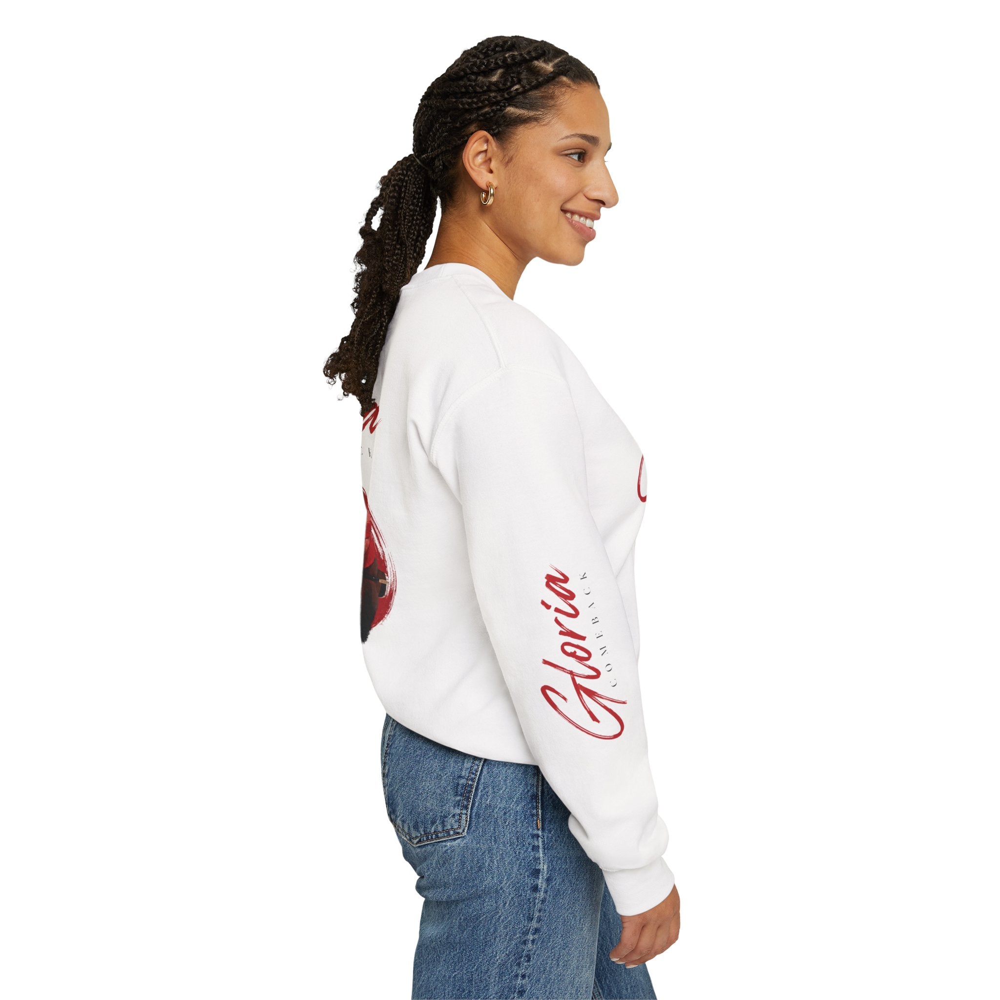 Gloria Lumeriak Crewneck Sweatshirt — Red Helmet Graphic Pullover
