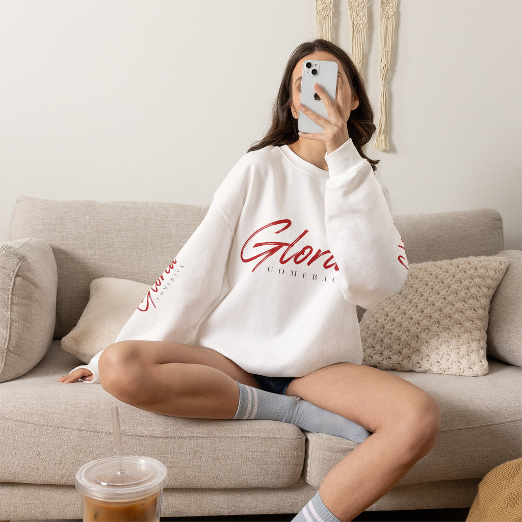 Gloria Lumeriak Crewneck Sweatshirt — Red Helmet Graphic Pullover