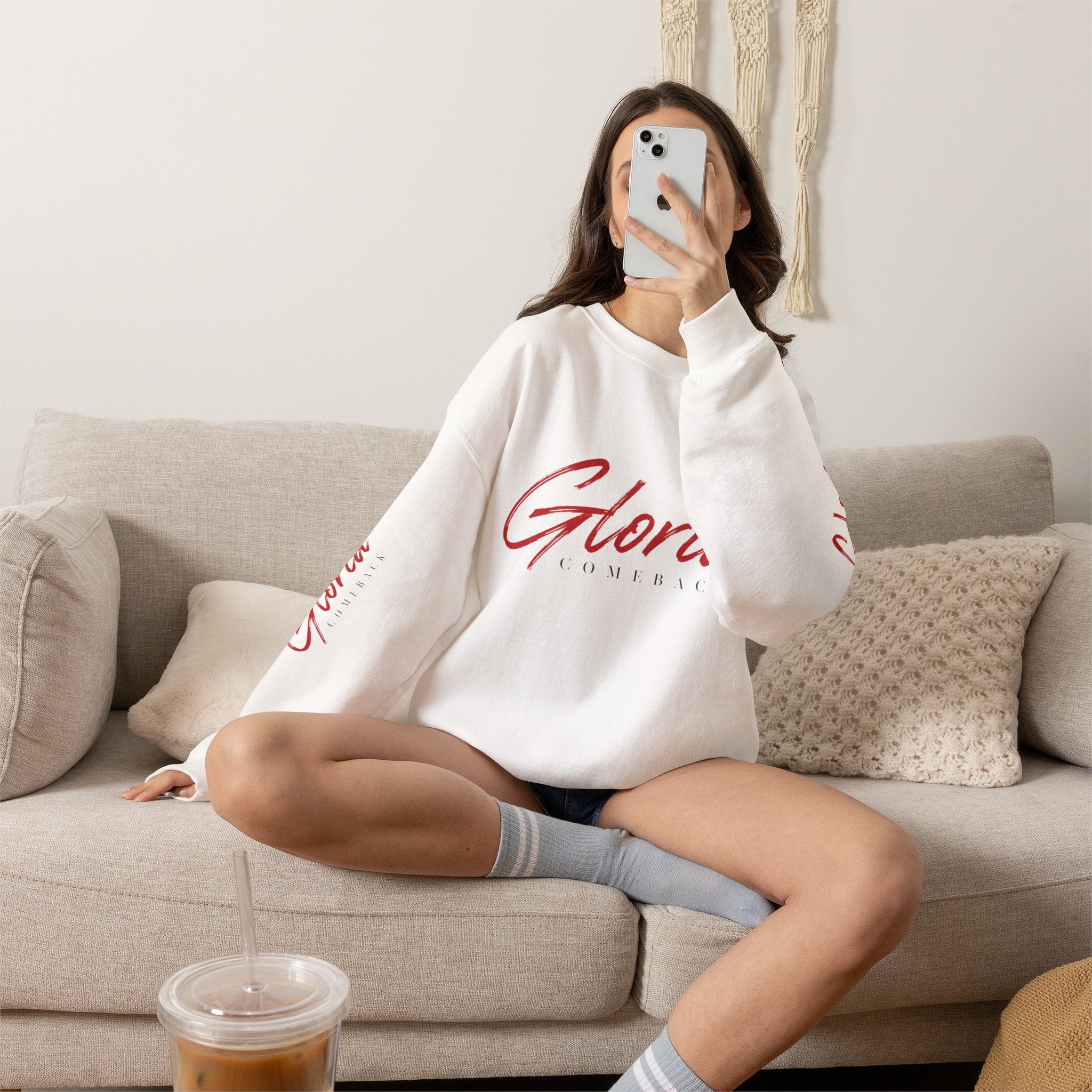 Gloria Lumeriak Crewneck Sweatshirt — Red Helmet Graphic Pullover
