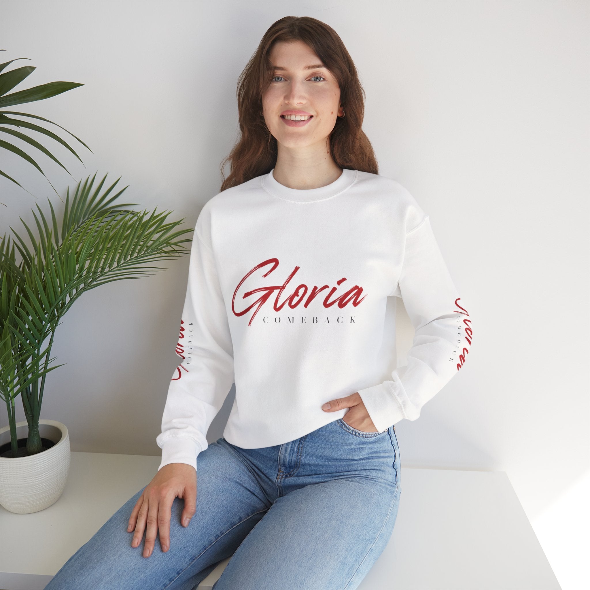 Gloria Lumeriak Crewneck Sweatshirt — Red Helmet Graphic Pullover