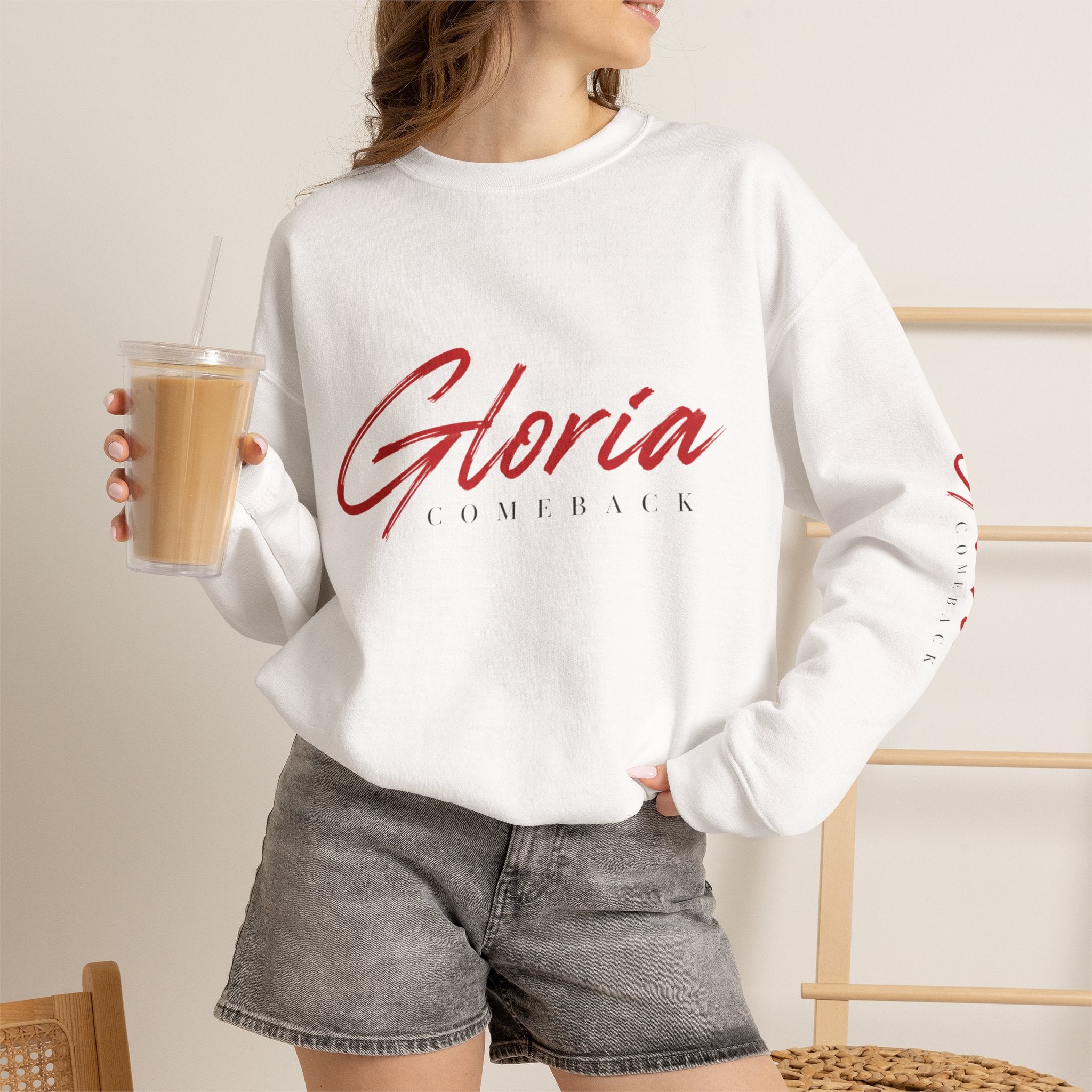 Gloria Lumeriak Crewneck Sweatshirt — Red Helmet Graphic Pullover