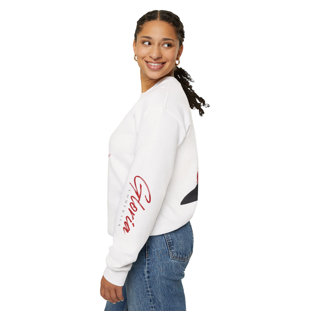 Gloria Lumeriak Crewneck Sweatshirt — Red Helmet Graphic Pullover